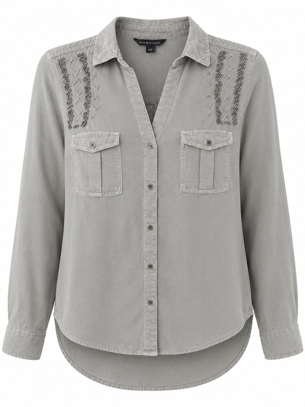 Rock & Republic Womens Embroidered Button-Down Shirt Size L Gray Rayon